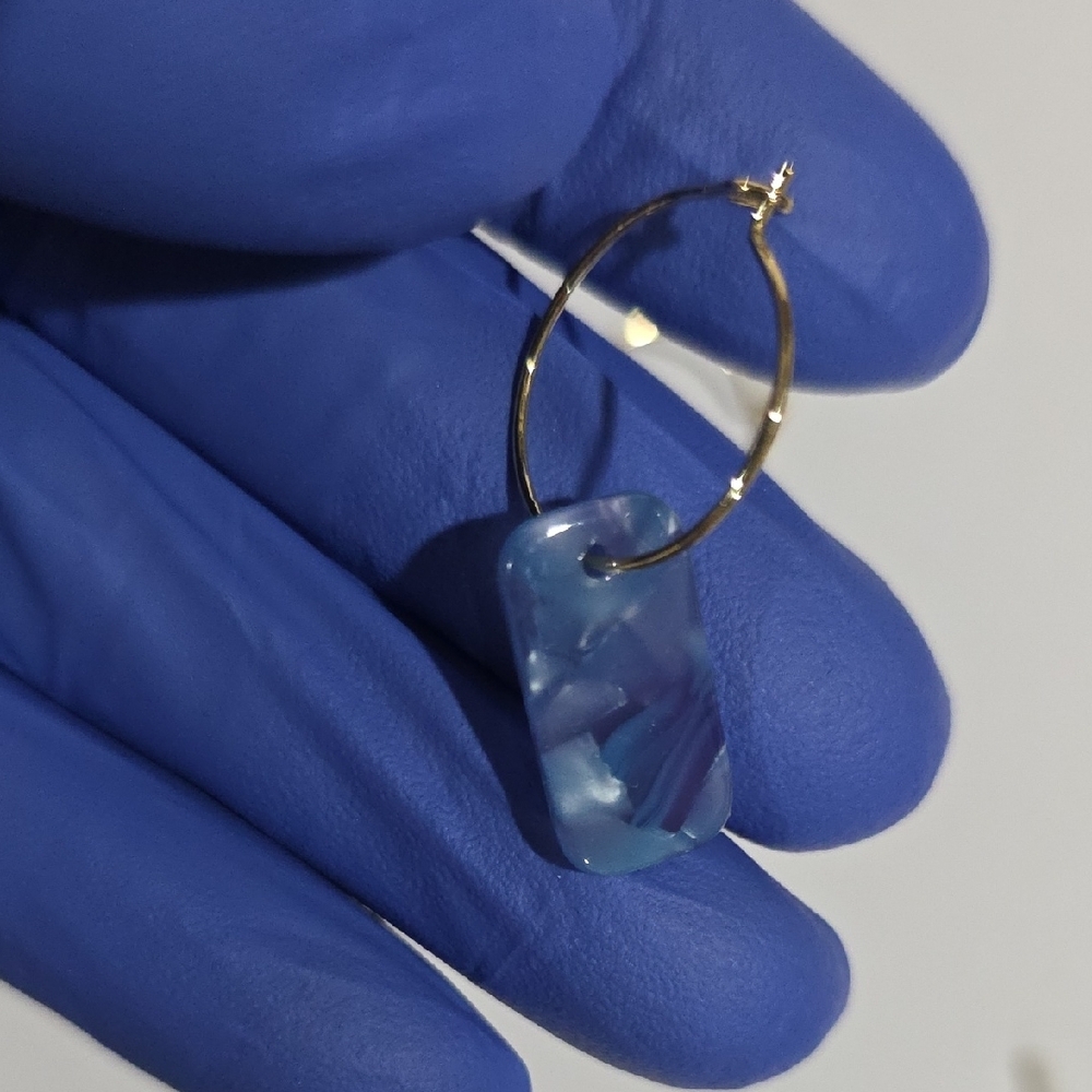 Gold Hoop Earrings with Blue Marbled Resin Accent – Elegant Women’s Jewelry - Picture 8 of 10